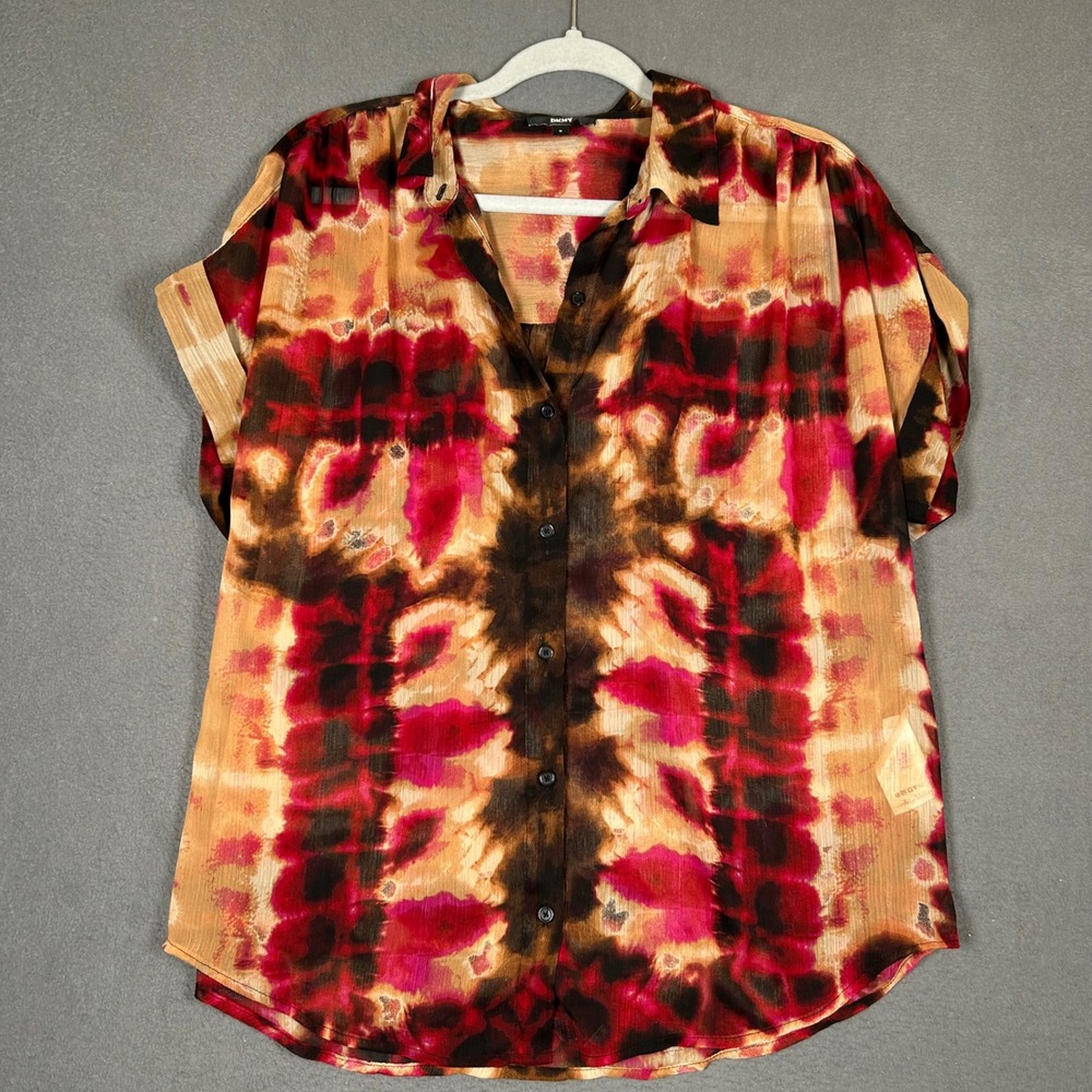DKNY Button Shirt Womens Medium Multi Tie Dye Sheer Chiffon Short Sleeve Blouse